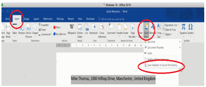 microsoft word insert quickparts content control